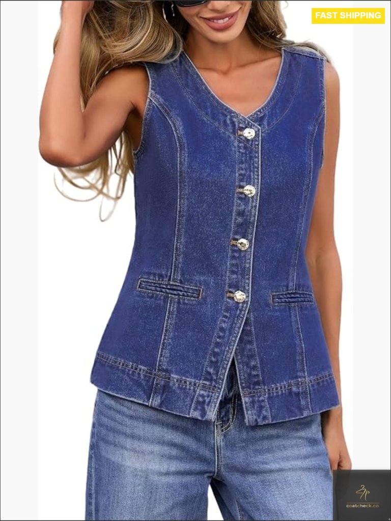 Sleeveless Denim Vest Button Down Jean Waistcoat V-Neck Casual Summer Outerwear